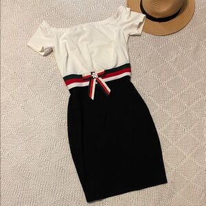 Kimcine Off-Shoulder Colorblock Bow Sheath Dress Black White Red Green Medium